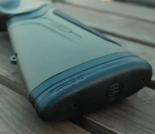 Close-up of the recoil pad on a Beretta A400 Xtreme Plus shotgun stock.
