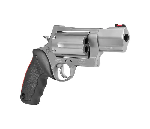 A silver Taurus Raging Judge 513 revolver with a red fiber optic front sight and black grips.