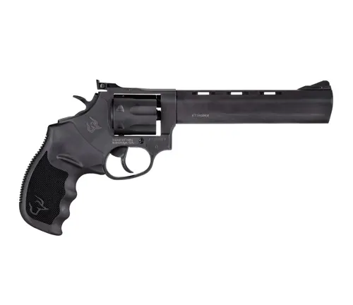Image of a Taurus Tracker 17 revolver with a long barrel and black finish.