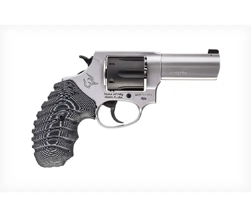 Taurus Defender 856 revolver with stainless steel finish and textured black grips.