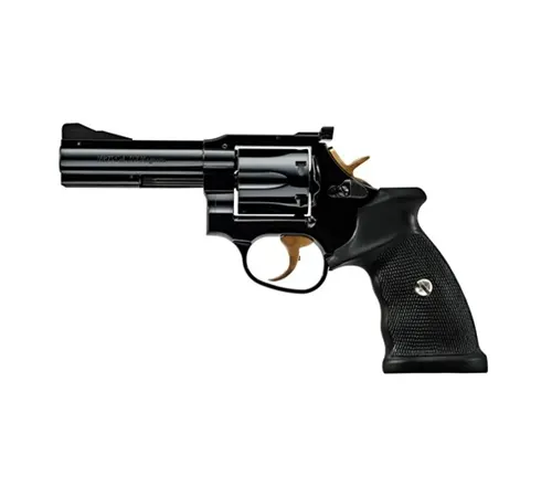 Manurhin MR73 revolver with black grips and gold-colored trigger and hammer.