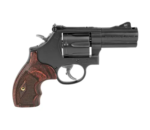 Smith & Wesson Model 586 revolver with a blued finish and wooden grips.