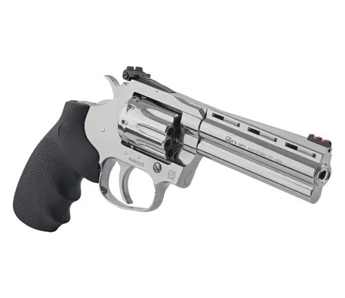 Stainless steel King Cobra Target .22 revolver with a vented rib barrel and black grips on a white background.