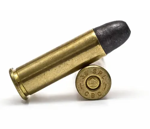 Close-up of a .38 Special cartridge with 'CBC' headstamp.
