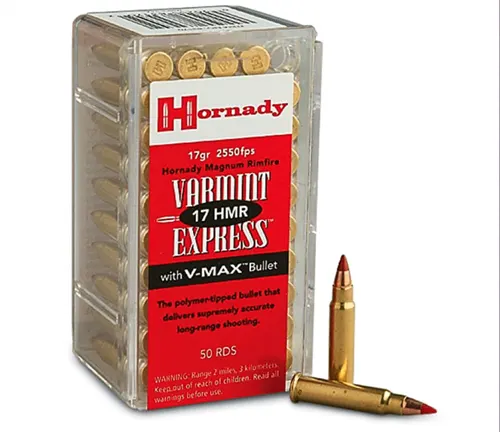 Box of Hornady Varmint Express .17 HMR ammunition with one round displayed in front.