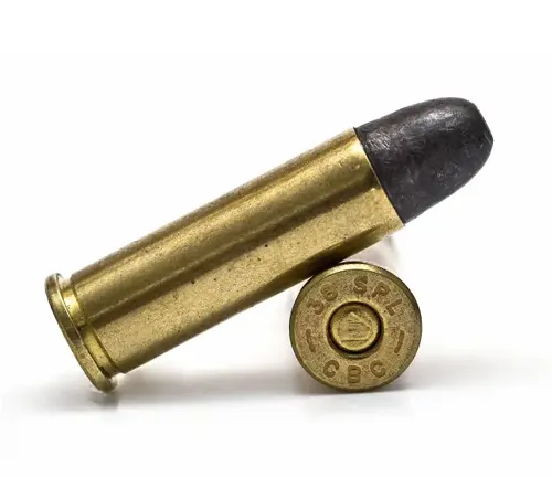 Close-up of a .38 Special cartridge with 'CBC' headstamp on a white background.