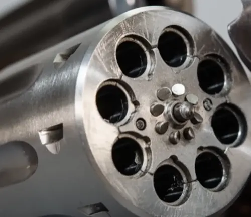 Close-up view of the cylinder of a Rock Island Armory AL22M revolver, showing empty chambers.
