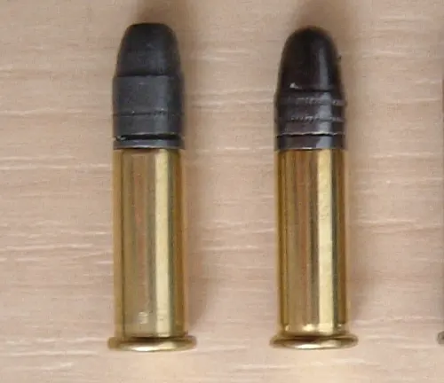 Two .22 Long Rifle cartridges side by side on a wooden background, compatible with a Smith & Wesson Model 43C.