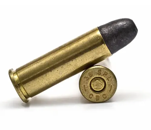A .38 Special cartridge with a lead round nose bullet, standing upright on a white background.