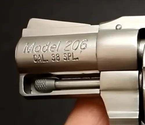 Detail of the barrel of a Rock Island Model 206 revolver showing the caliber marking.