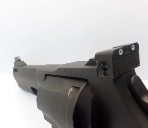 Rear view focusing on the adjustable sight of a Taurus Tracker 17 revolver.