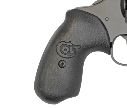 Close-up of a Colt revolver grip with the iconic Colt logo.