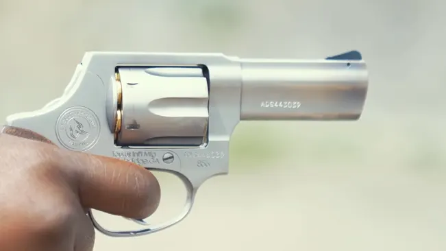 Hand holding a Taurus 856 Executive Grade revolver, showcasing the cylinder and barrel.