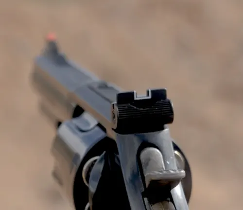 Alt text: "Rear view of a Smith & Wesson Model 586 revolver showing the sight alignment.