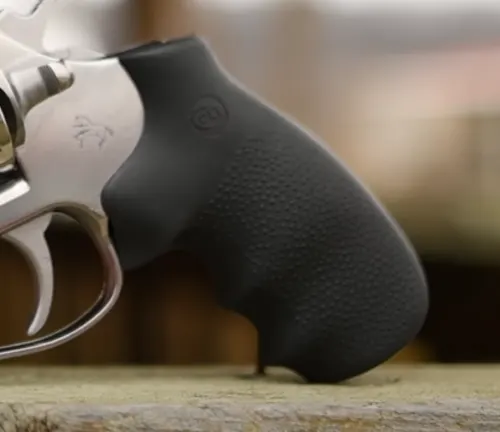 Close-up of the black rubber grip with the Colt logo on a King Cobra Target .22 revolver.