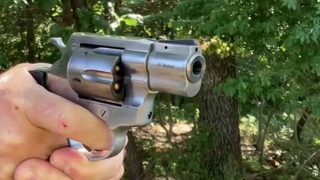 Hand holding a Rock Island Armory AL3.1 revolver with a focus on the barrel against a forest background.